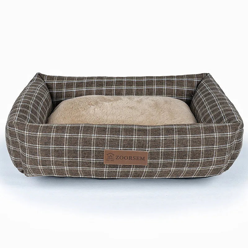 Grey plaid square cloth dog bed, medium size 60cm by 50cm.