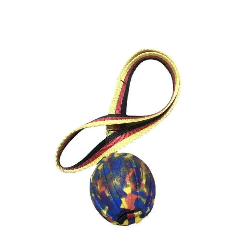Floating camouflage and yellow EVA string ball dog toy shown in 6.5cm, 7cm and 9cm diameter sizes
