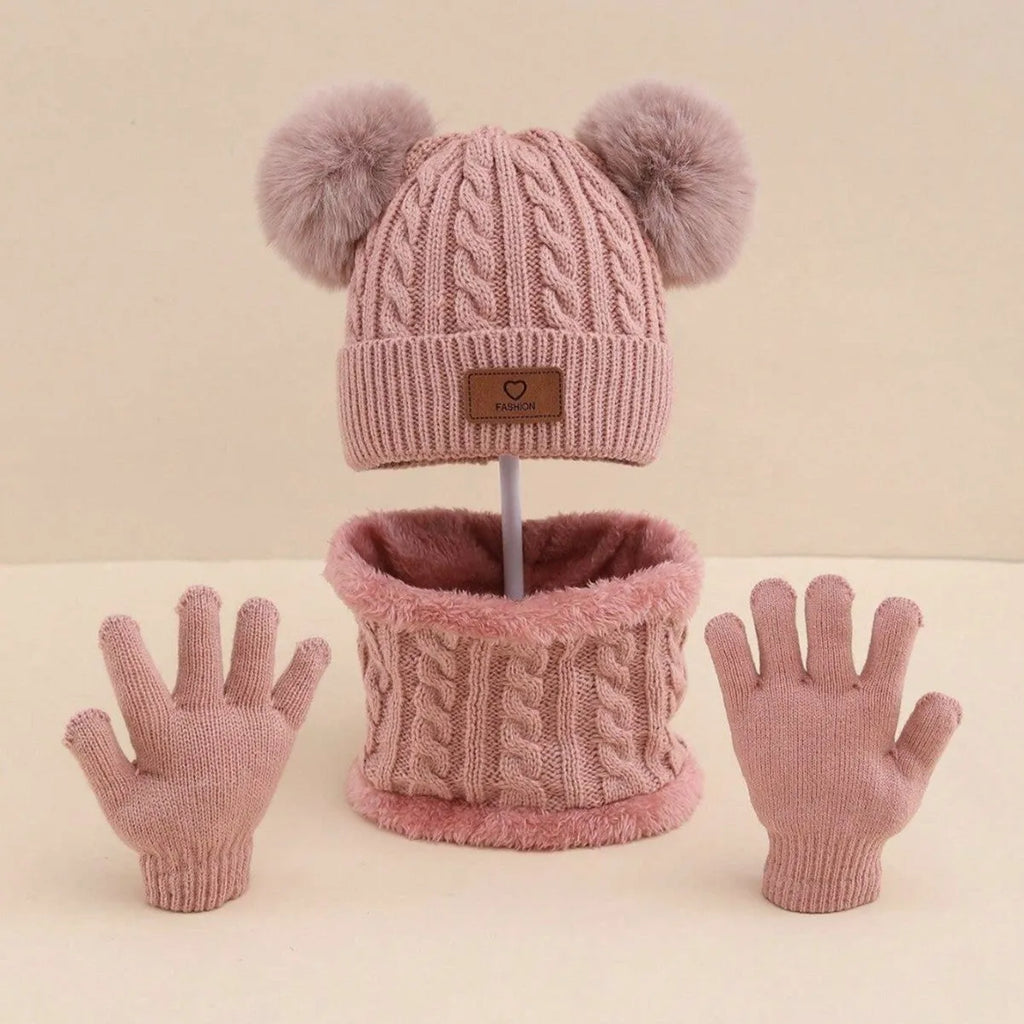 Children's three-piece acrylic knit winter set with dome crown hat and matching scarf and gloves in pink