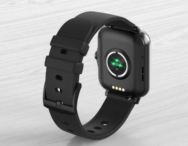 Blue smart sports watch with 1.7-inch colour touch screen on adjustable strap showing fitness data interface.