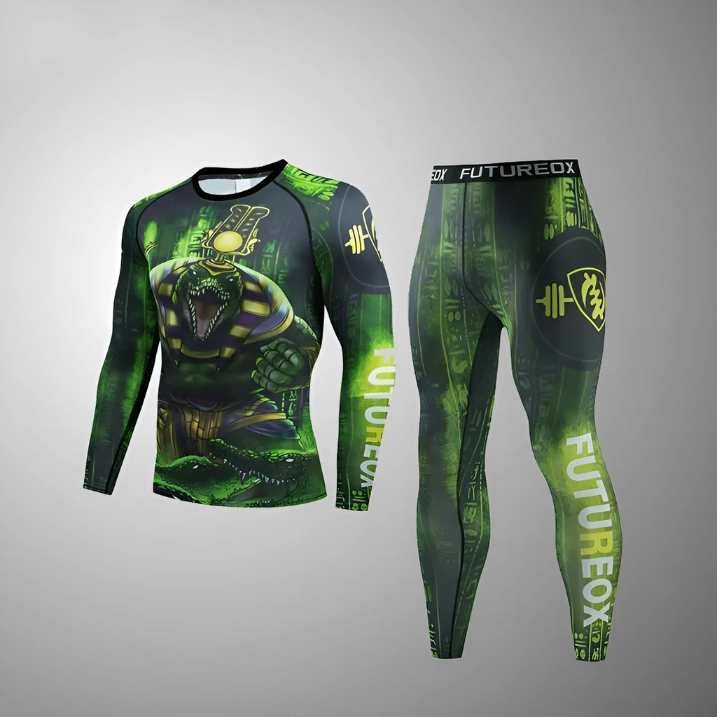 Men's ZF016 printing design polyester sports stretch suit set, slim fit top and trousers for running.
