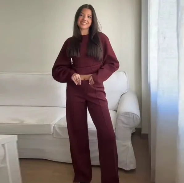 Women's fleece two-piece suit with pleated top and wide-leg trousers in black, grey, apricot or wine red