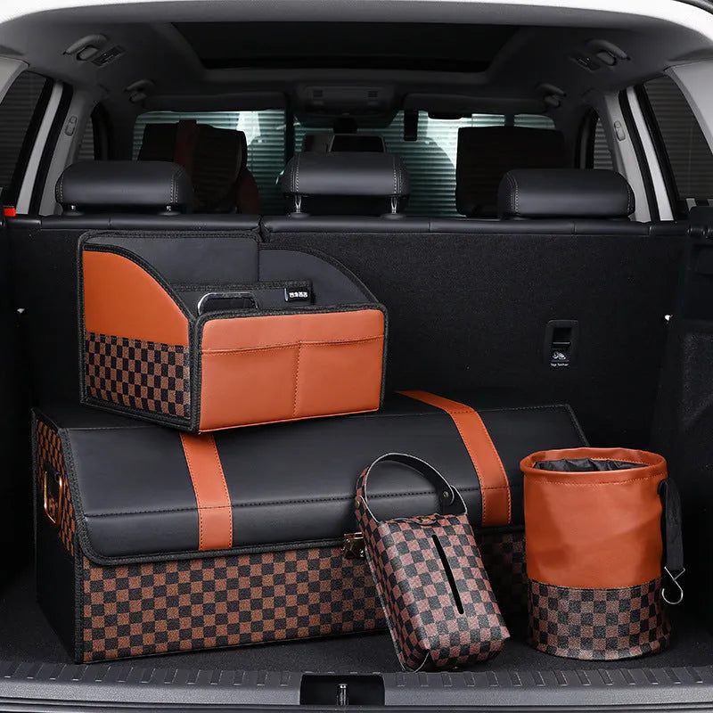 Tan retractable leather car trash can with handle in expanded position