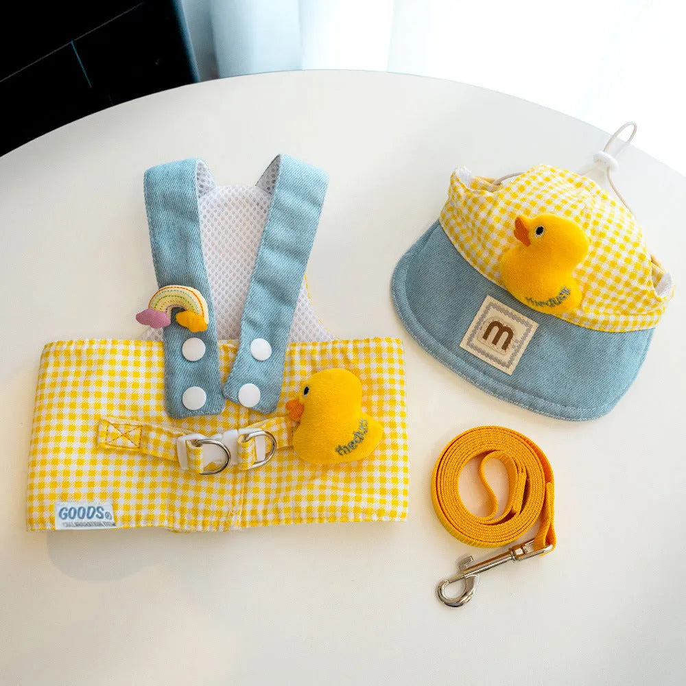 Three-piece cat clothes set showing harness, leash with wire rope, and cute hat for outdoor walks