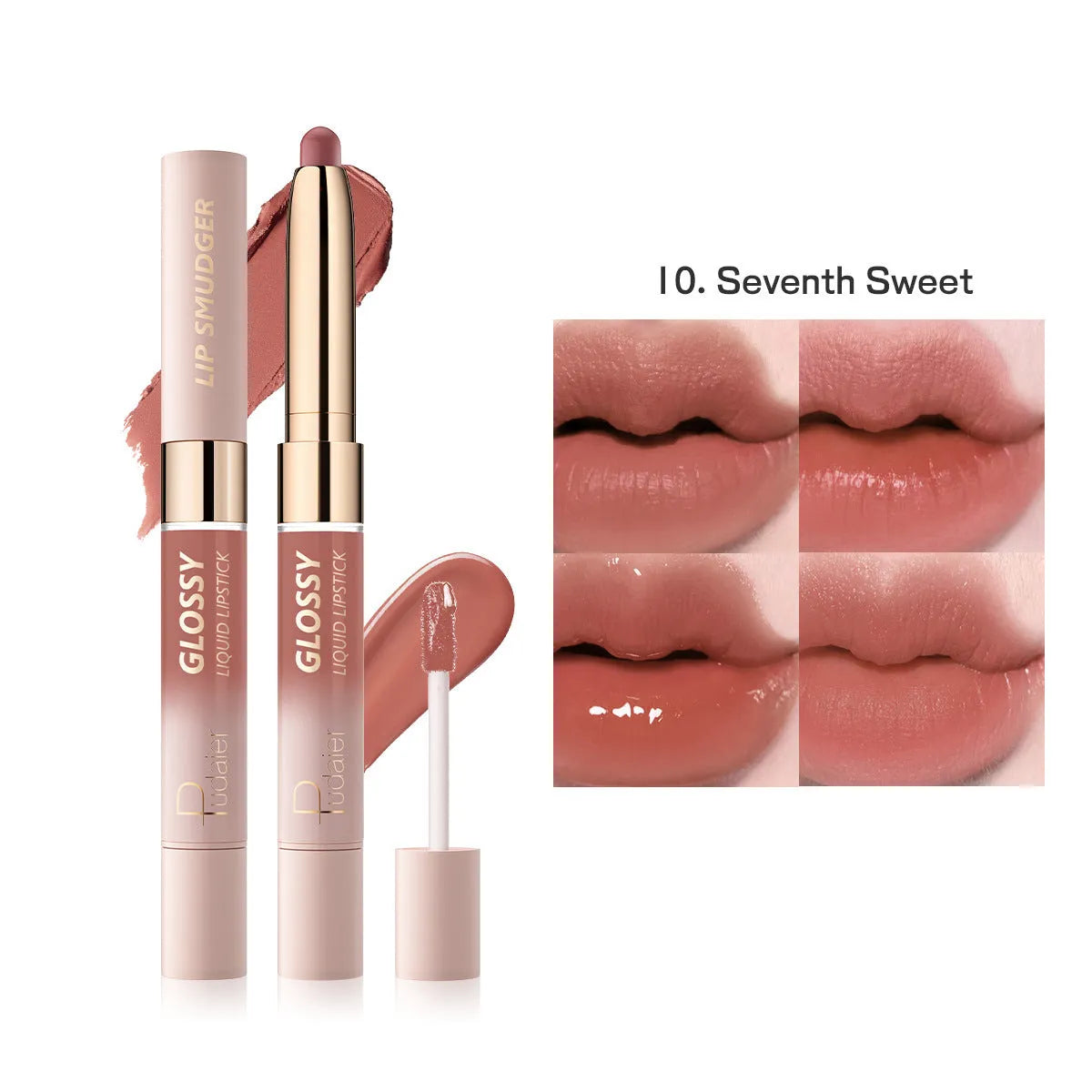 Double-headed lipstick and lip gloss cosmetic product showing matte and glossy ends