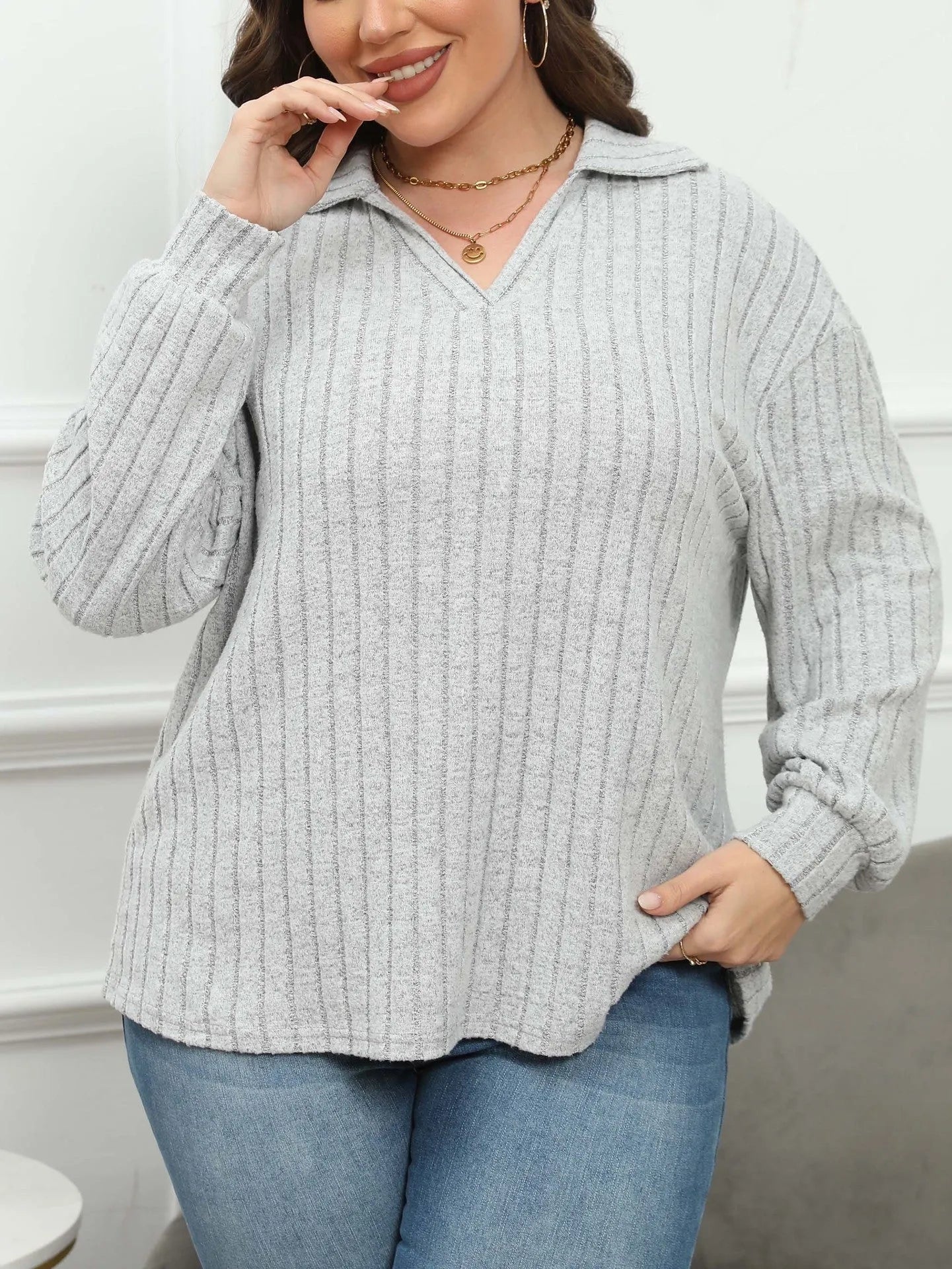Women's plus size gray polo collar fleece pullover with lantern sleeves in Gothic street style.