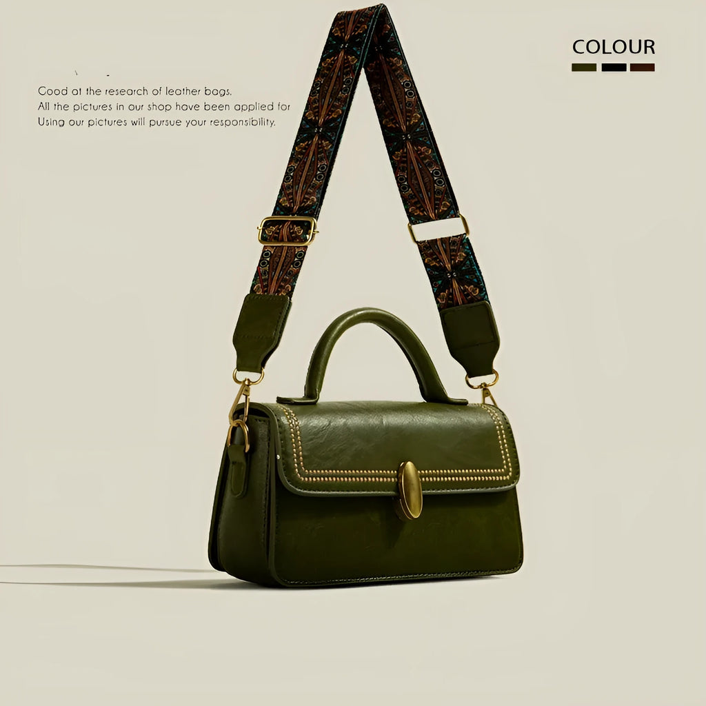 Brown retro messenger bag with square vertical shape showing mobile phone and file compartments