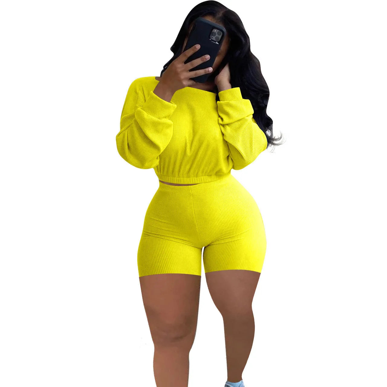 Women's solid colour off-the-shoulder top with sunken stripe detail and matching shorts, a two-piece set with long sleeves.