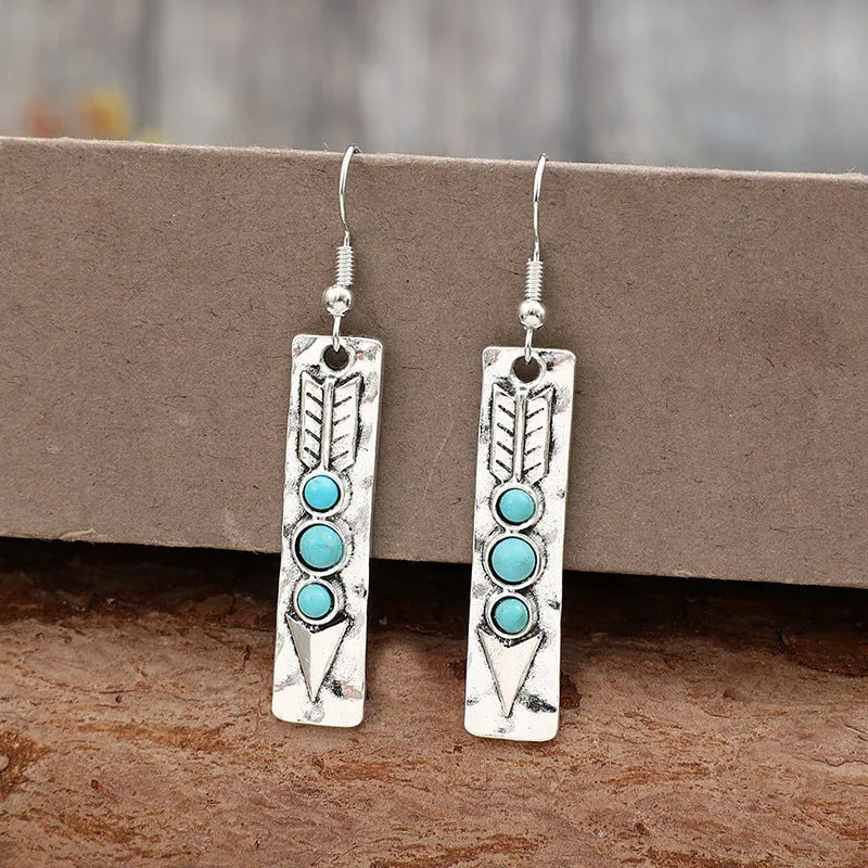 Silver geometric long strip earrings with zinc alloy construction and retro design