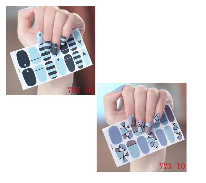 Full nail stickers set of 14 sheets showing 16 colour options in a flat lay arrangement