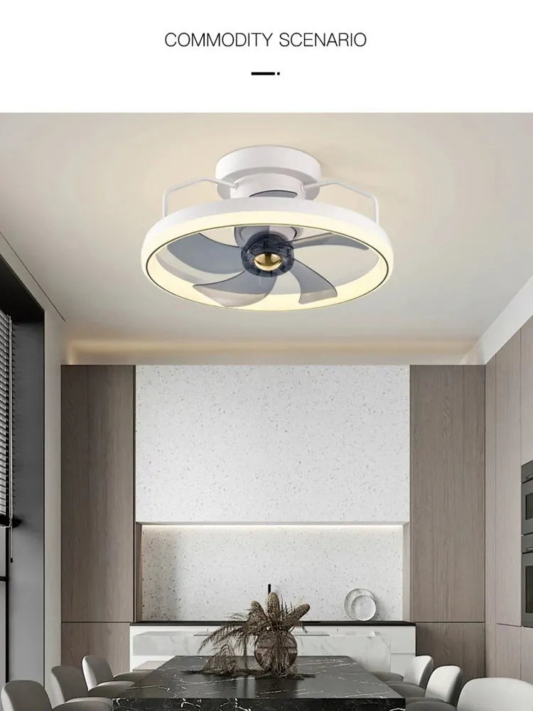 Modern simple style white ceiling fan lamp with integrated light fitting and PC blades.