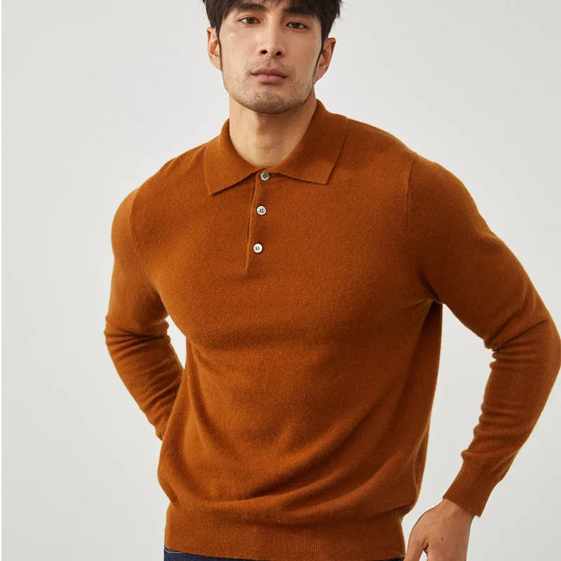 Men's cashmere polo collar pullover sweater in loose fit available in multiple colours and sizes