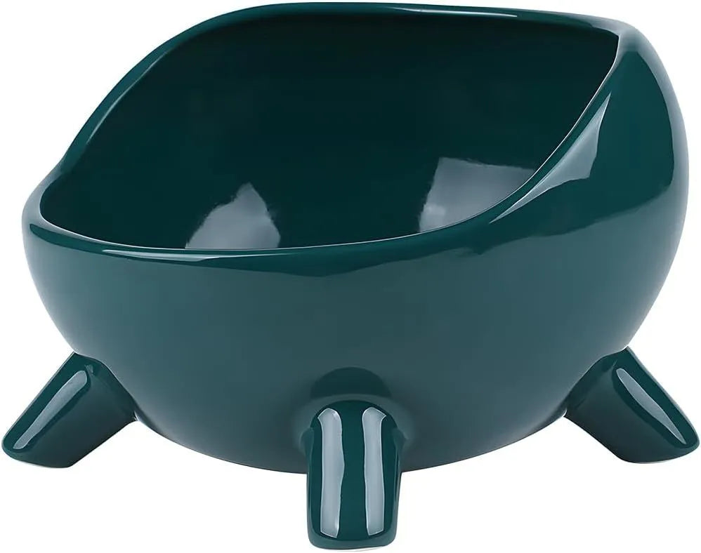 Green ceramic pet bowl with four legs and wide-mouth design for cats and small dogs