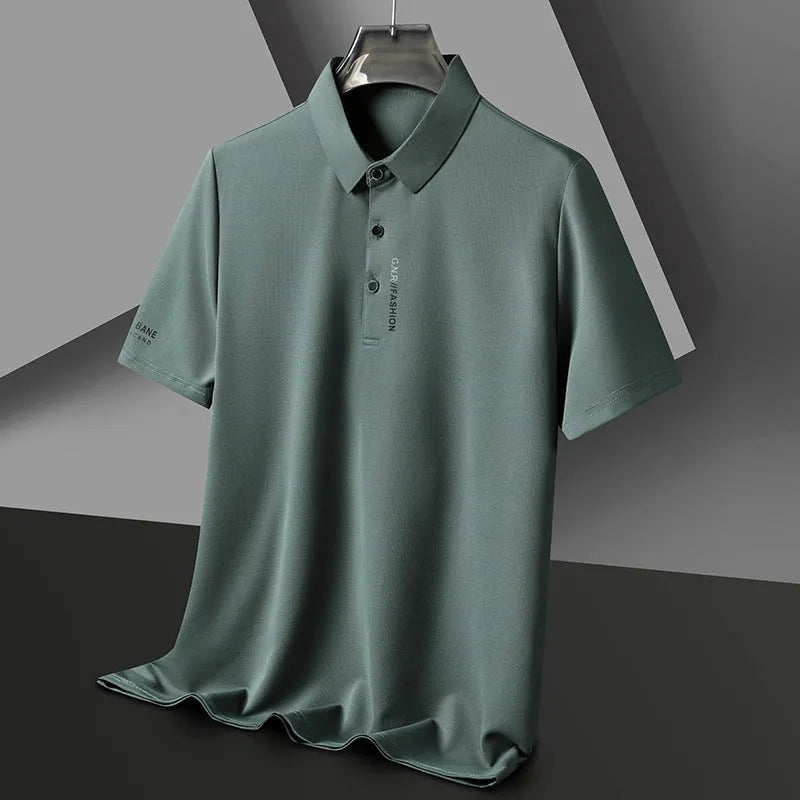 Men's waffle short sleeve polo shirt, loose fit, polyester, side slits, available in black, green, khaki, and other colours