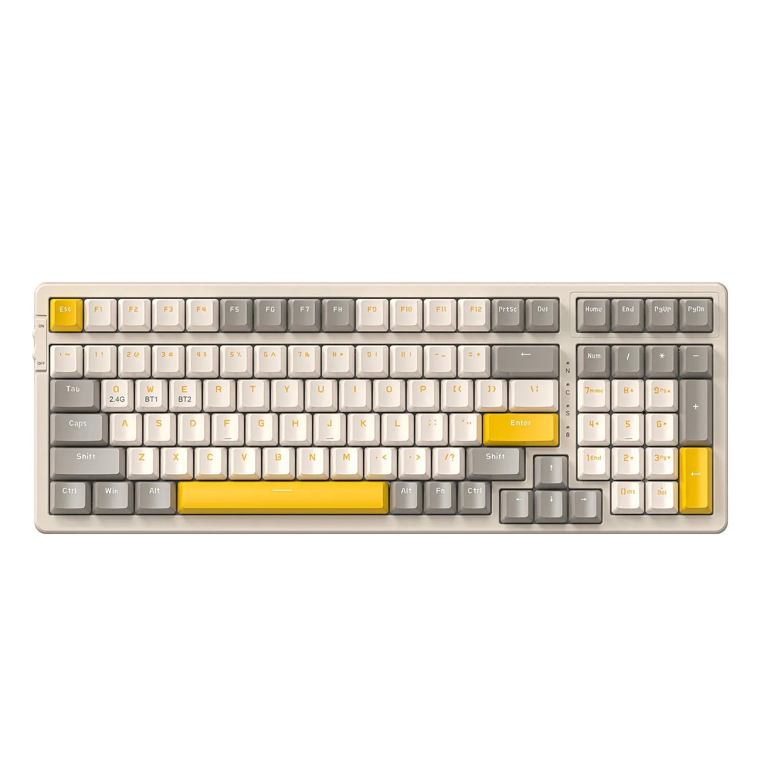 Free Wolf K96 Bluetooth dual-mode mechanical keyboard with red switches in blueberry, cheese, lemon, and shimmer colour options