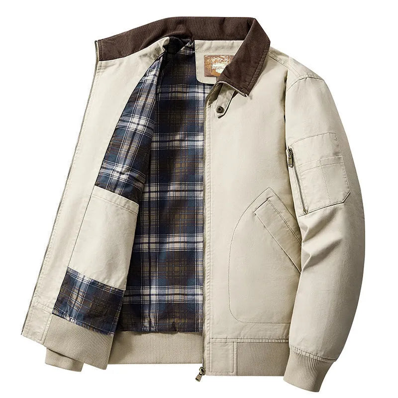 Men's plus size washed cotton baseball flight jacket shown in army green colour.