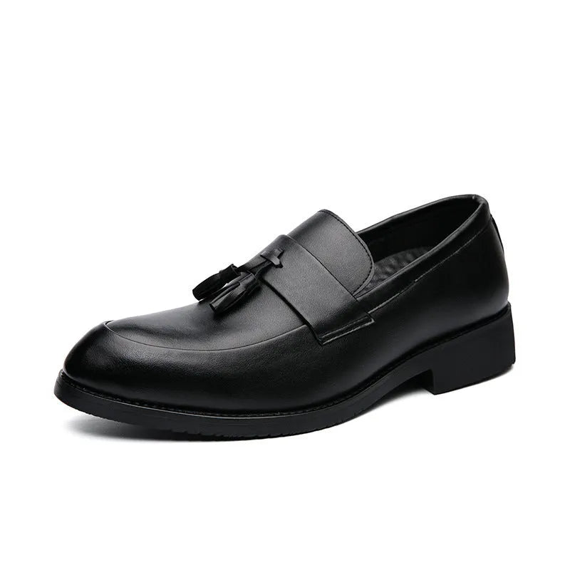 Men's black and brown tassel loafers slip-on business casual shoes with rubber sole