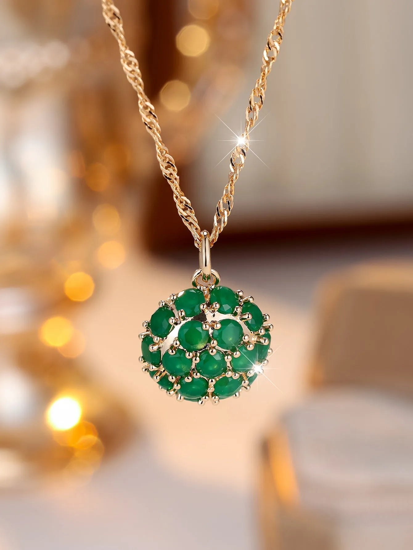 Women's round emerald diamond necklace with champagne gold electroplated finish on adjustable 51-60cm chain
