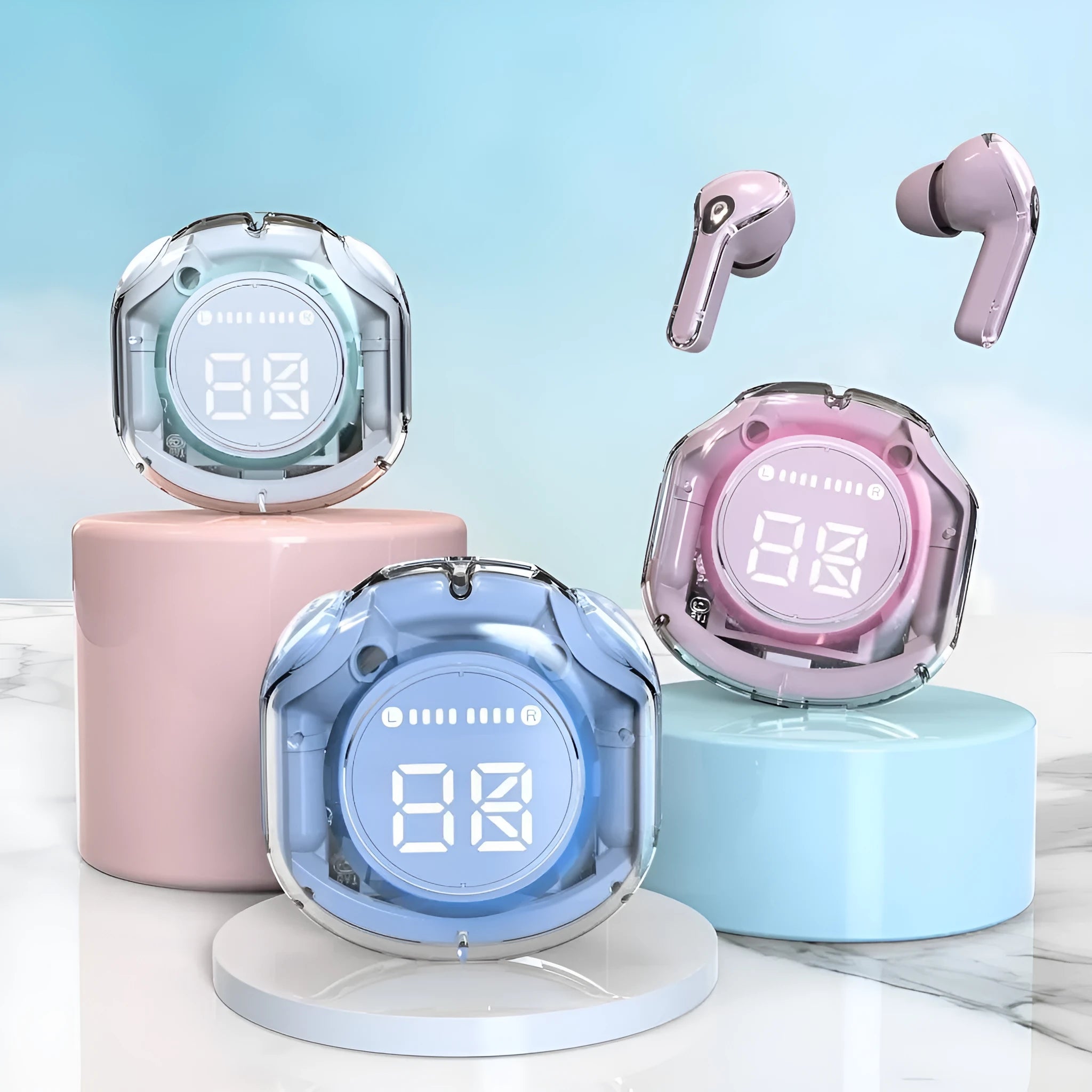 Transparent wireless Bluetooth headphones with in-ear design available in multiple colours