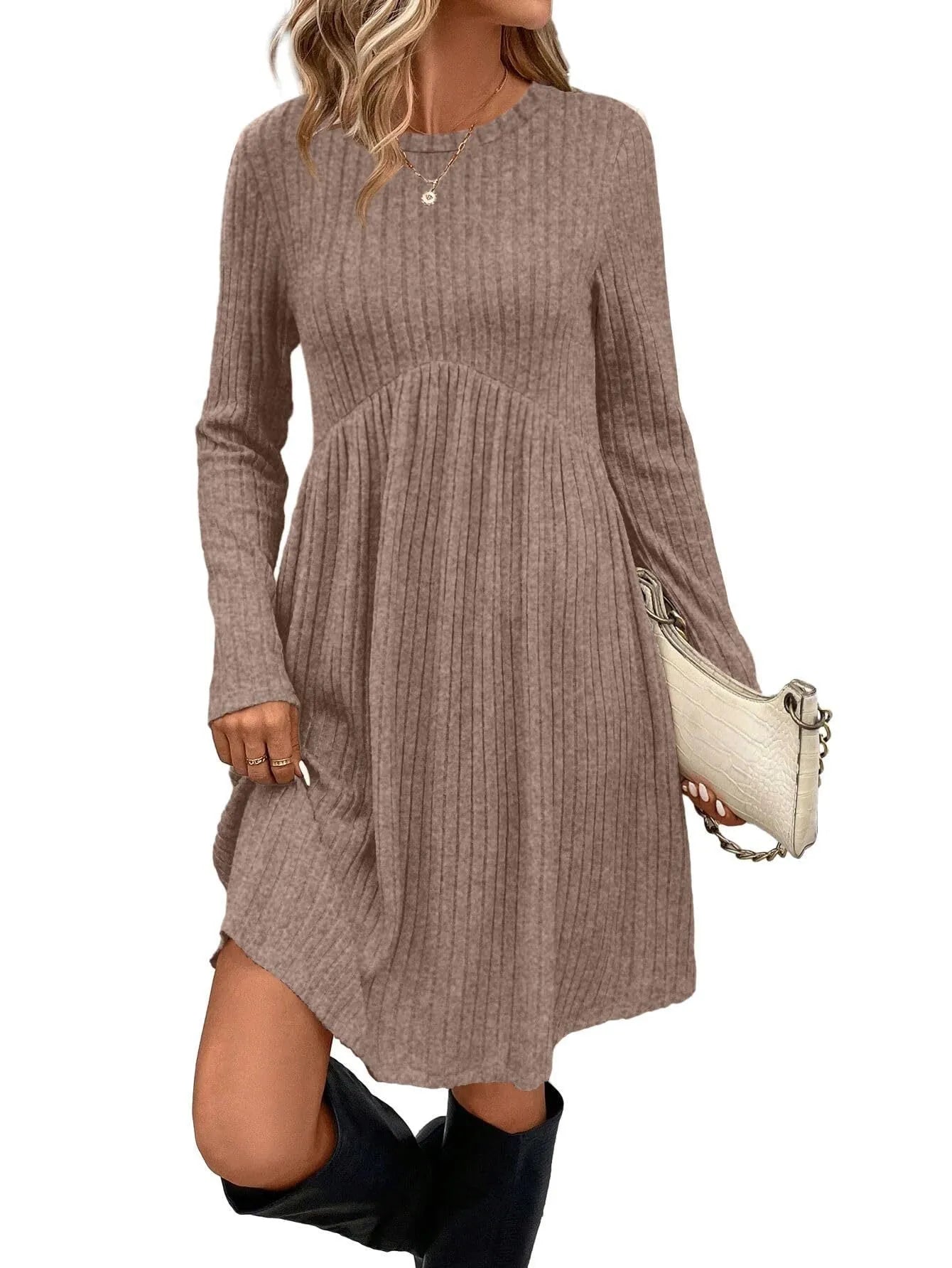 Women's bohemian brushed sunken stripe midi dress in apricot, wide waist, solid colour stitching detail, front view