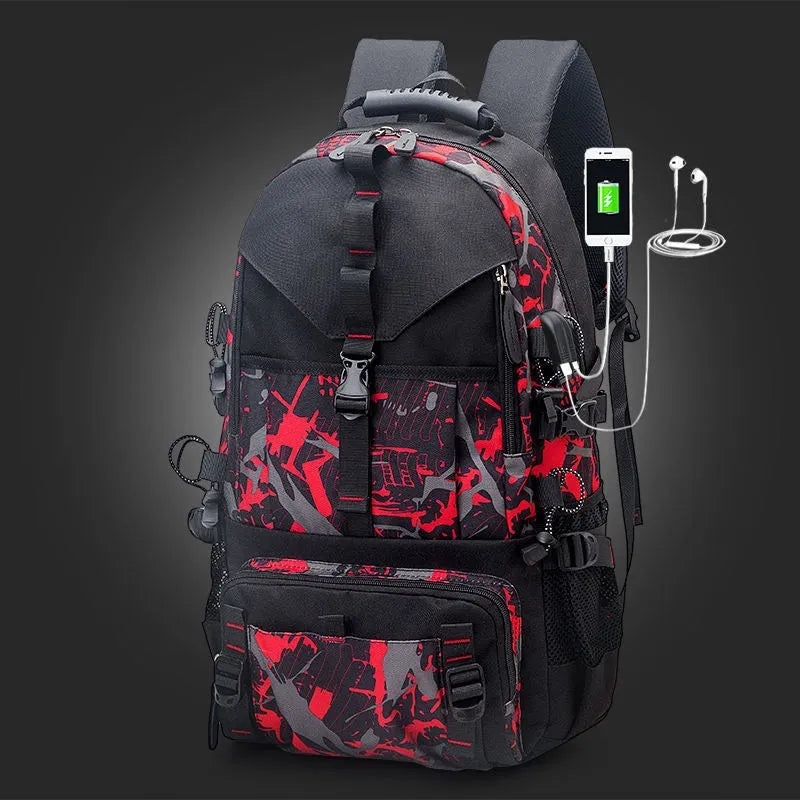 Men's large black waterproof Oxford cloth hiking backpack with padded straps and multiple compartments.