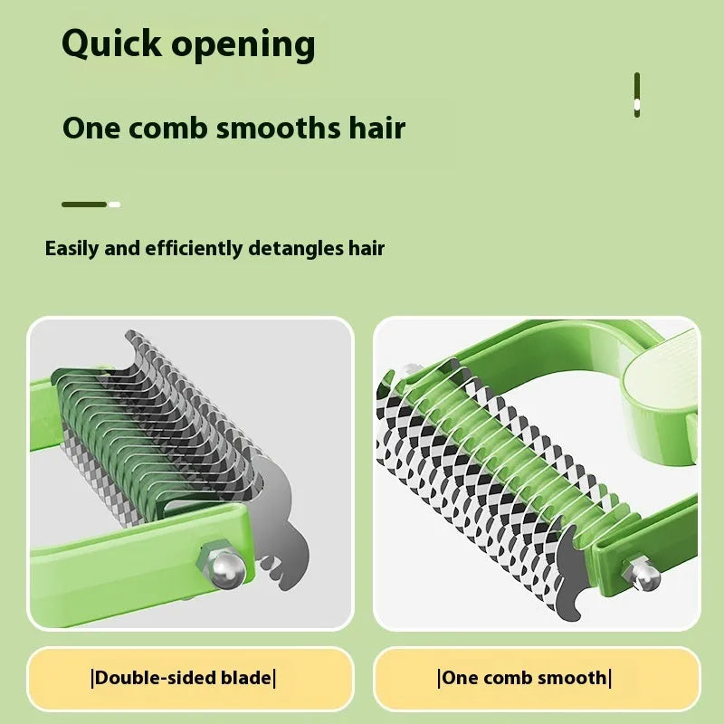 Creative pet grooming comb with PP plastic handle and stainless steel teeth in green colour