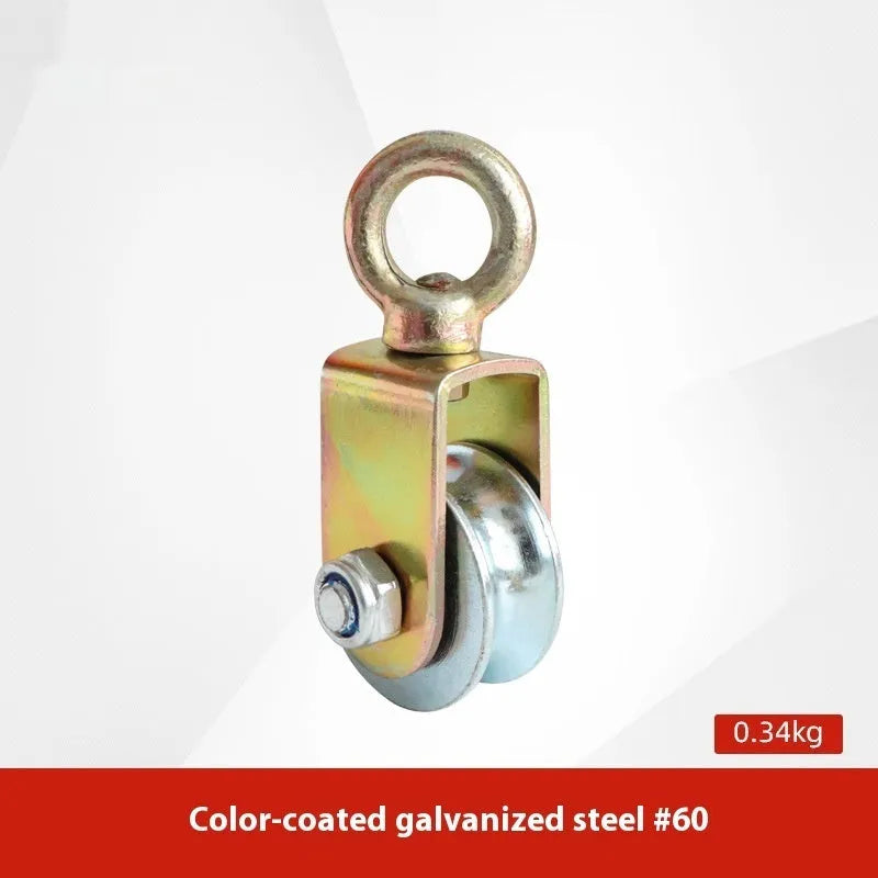 Red industrial lifting pulley with a forged steel safety hook and single wire rope wheel.