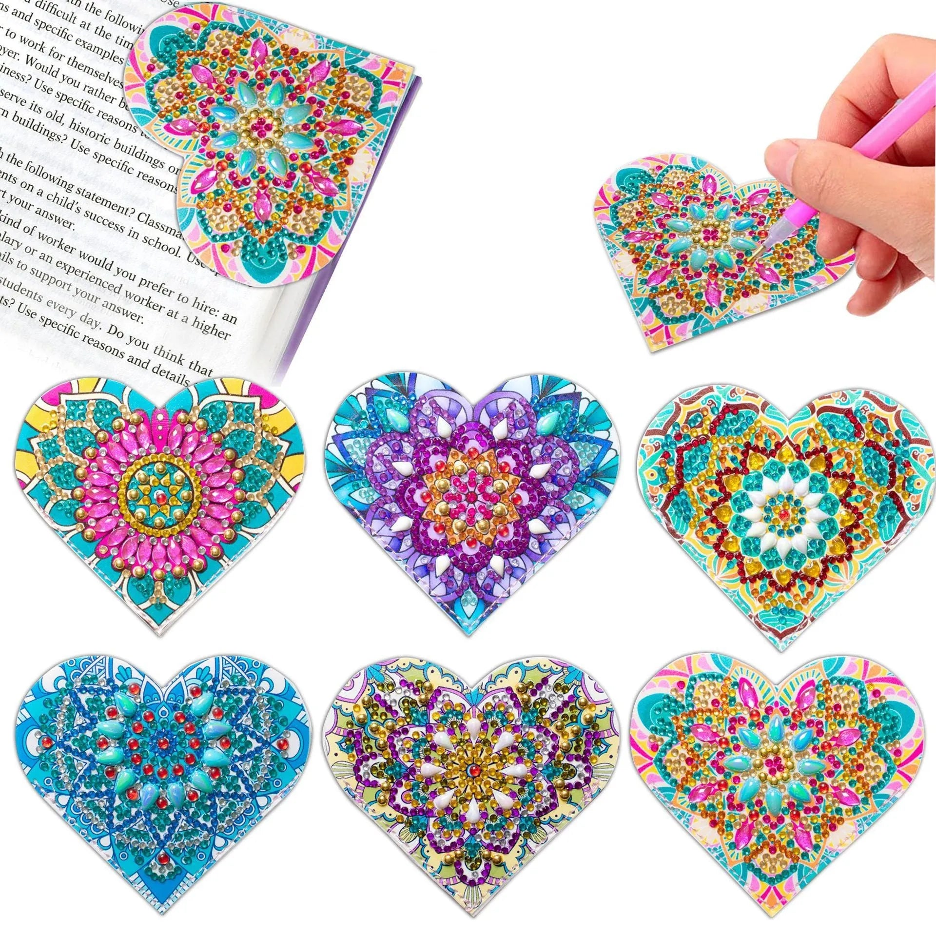 Six handmade PU leather corner bookmarks with crystal accents and flower designs