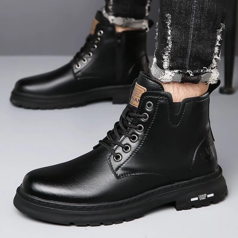 British Martin men's boots with thick rubber sole, front lace-up, round toe, black colour