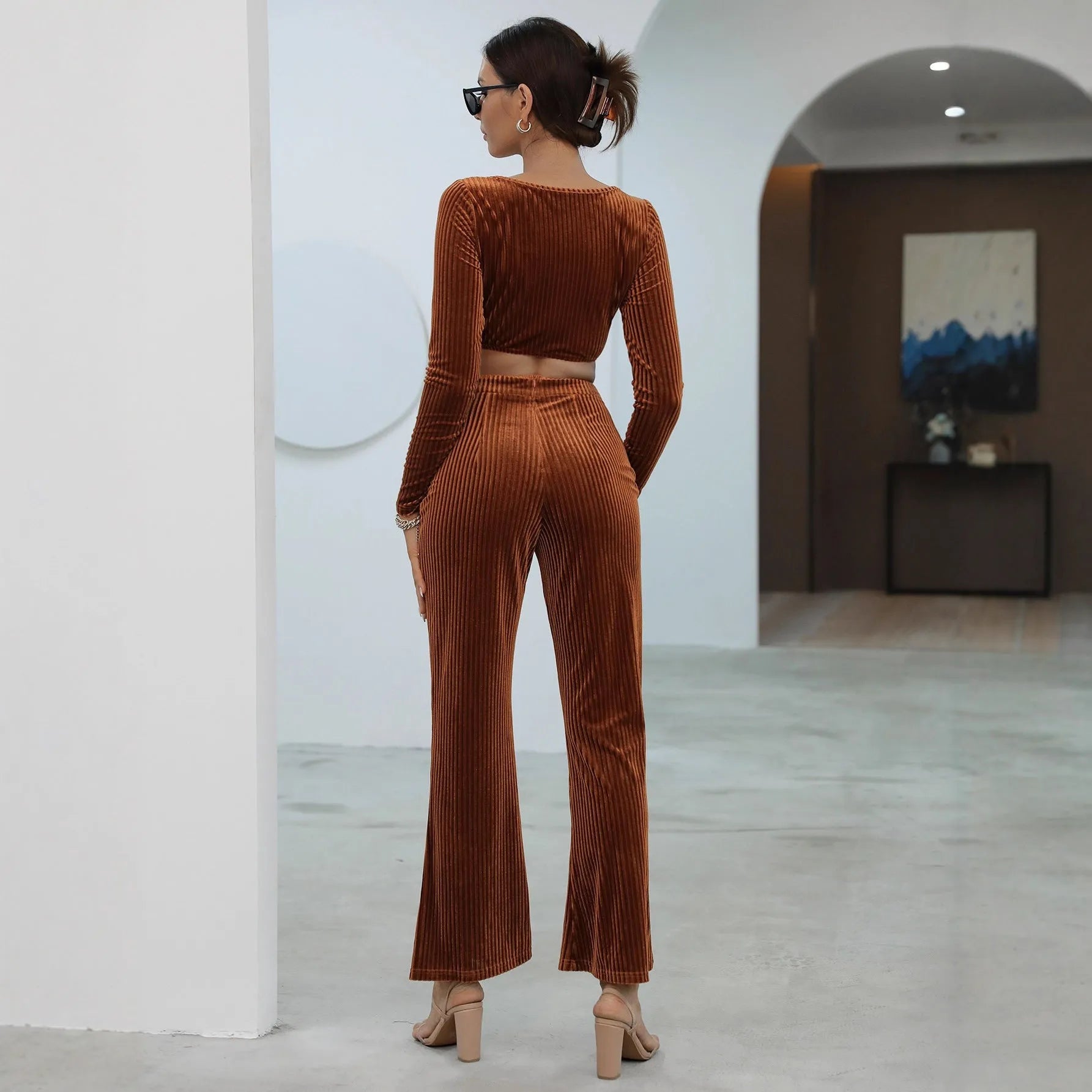 Caramel coloured long sleeve casual sweater set with matching trousers