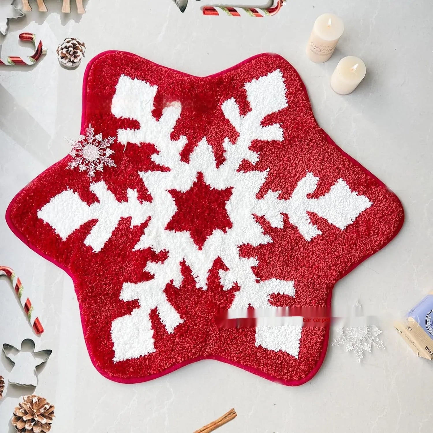 Christmas round pad design printed on a soft, square polyester fibre carpet.