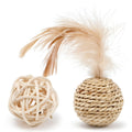 Natural rattan ball and colourful faux feather bell ball cat toy set
