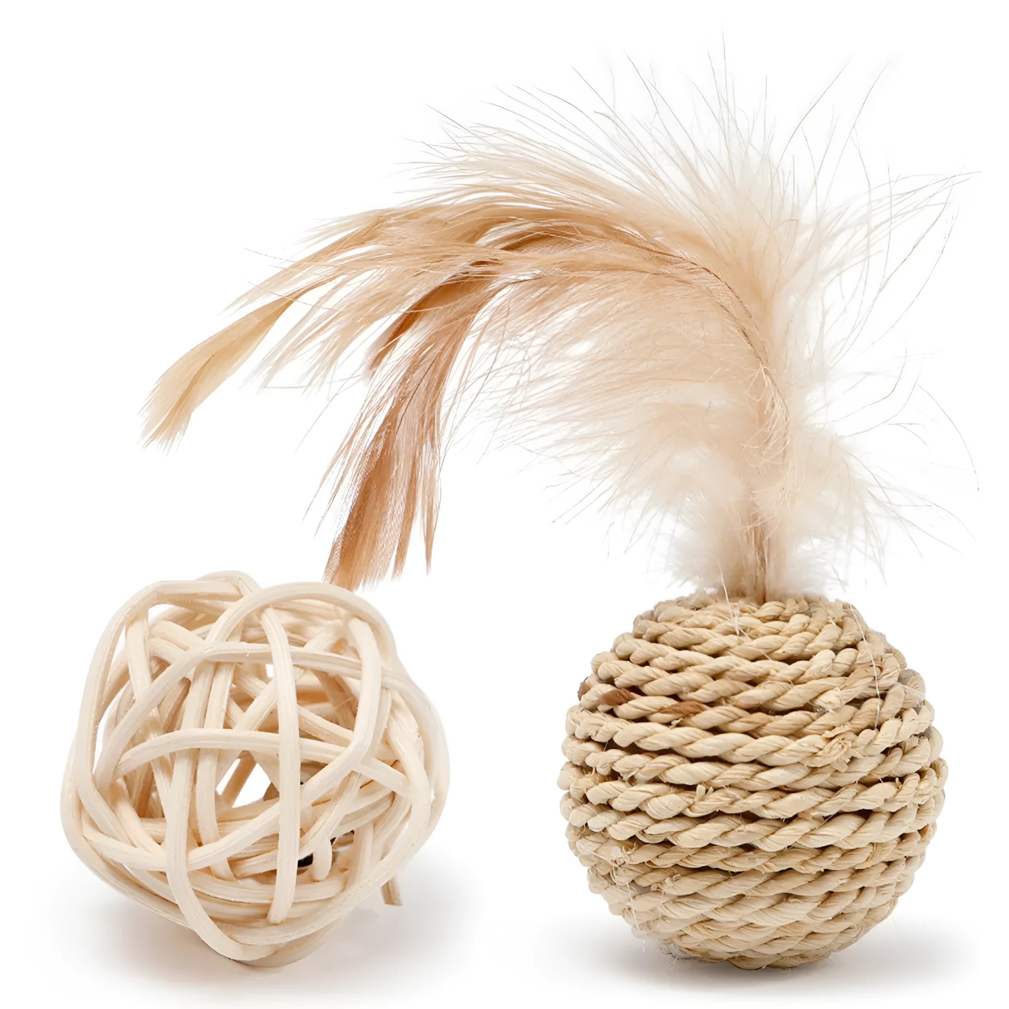 Natural rattan ball and colourful faux feather bell ball cat toy set
