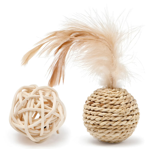 Natural rattan ball and colourful faux feather bell ball cat toy set