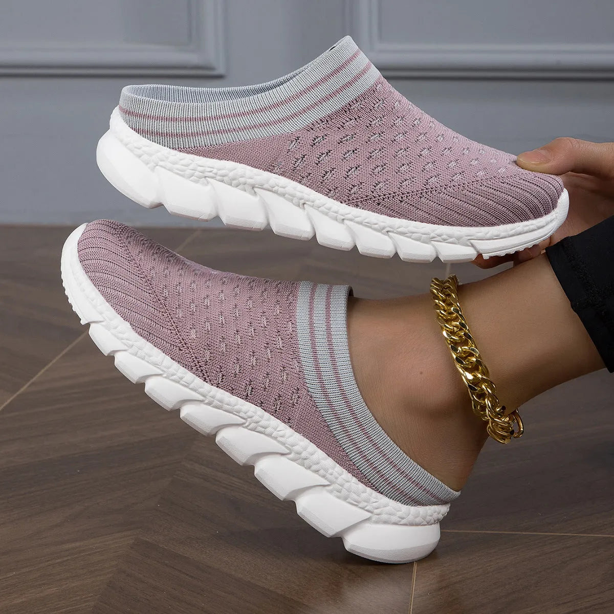 Women's black Flyknit semi slipper shoes with striped hollowed-out pattern and viscose sole