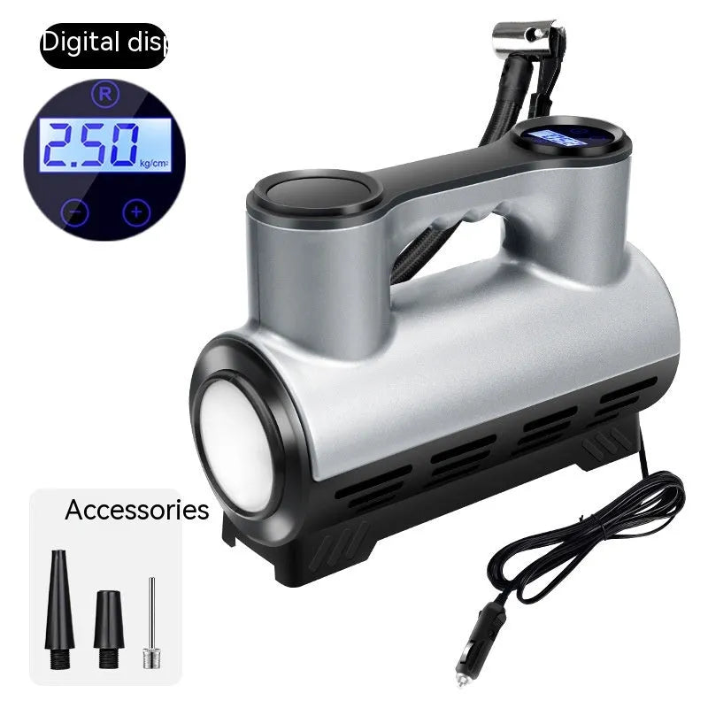 12V portable car tyre inflator with ABS housing showing digital display and three air nozzles