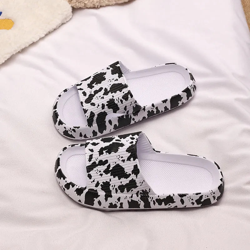 Leopard print slippers with thick EVA sole in black, pink, khaki, and white zebra patterns for women's indoor outdoor summer wear
