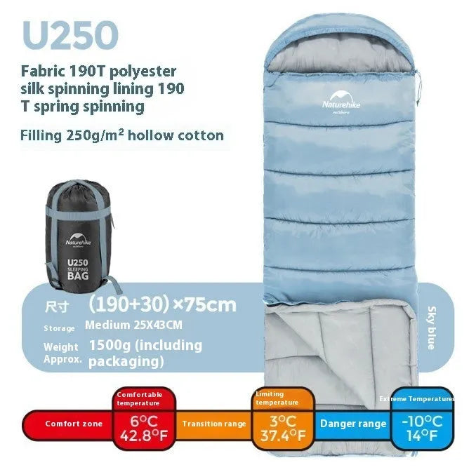 Naturehike envelope hooded sleeping bag in Clay Gray with 190T polyester fabric and hollow cotton filling for cold weather camping