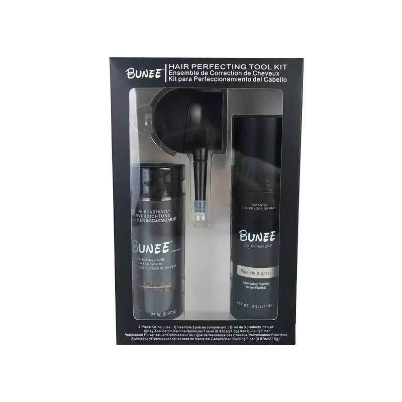 Dense Hair Fibre 275g kit with powder canister, shaping spray bottle and application nozzle.