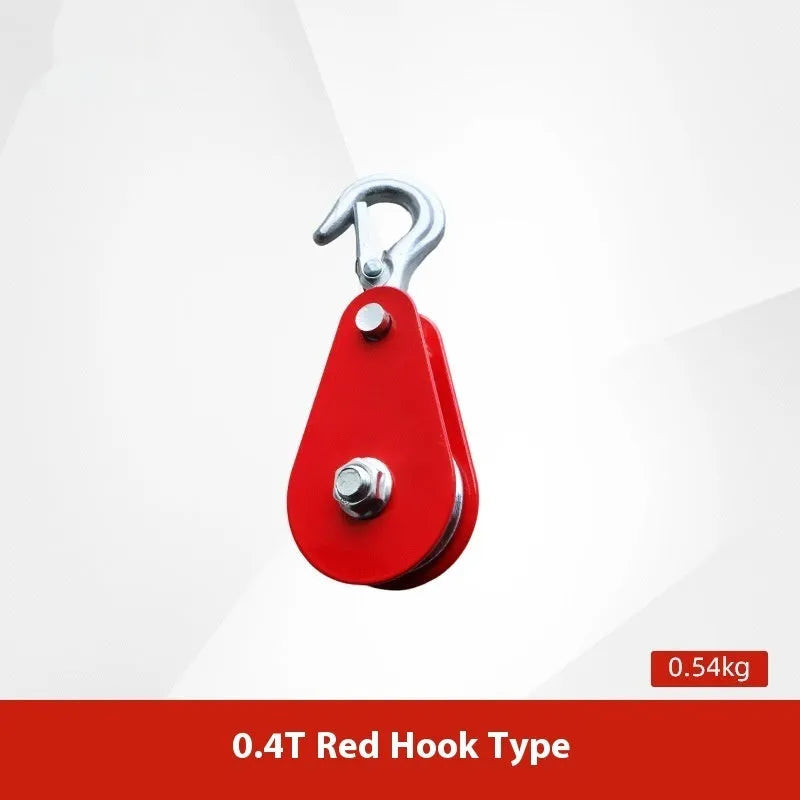 Red industrial lifting pulley with a forged steel safety hook and single wire rope wheel.