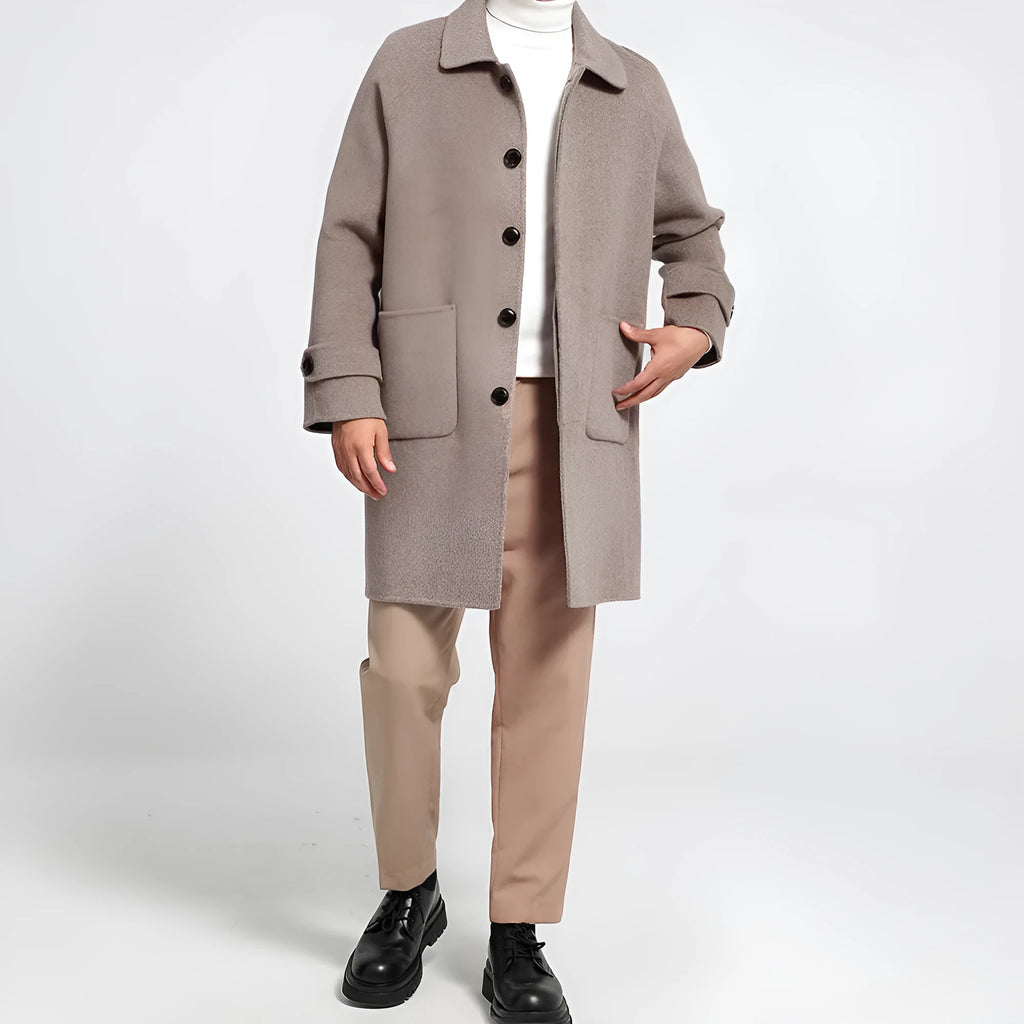 Men's wool reversible mid-length single-breasted baggy coat in black with wool lining