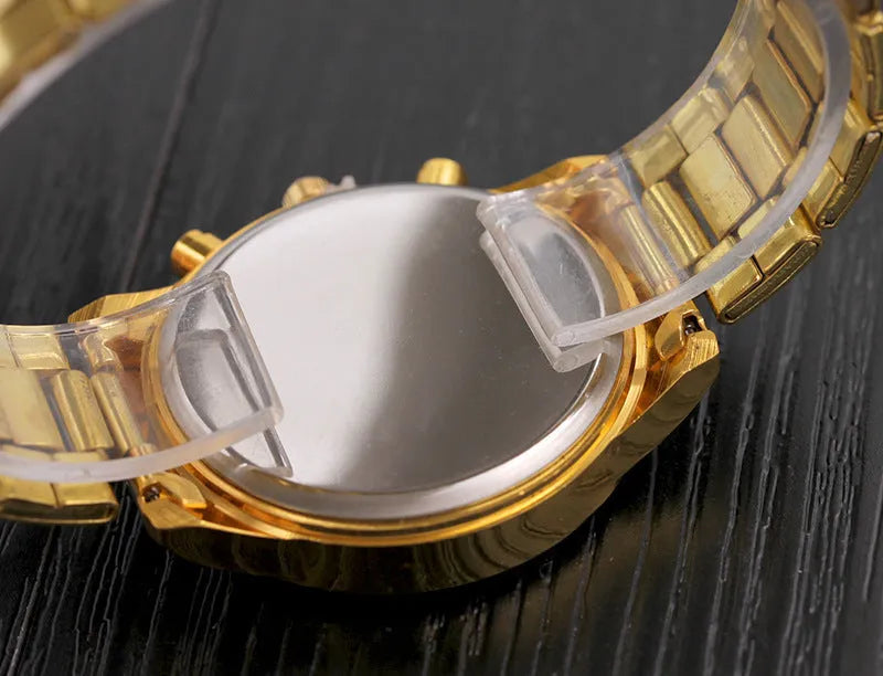 Fashion watch with diamond accents, alloy steel band, 38mm dial, 30M waterproof, spiral crown, in gold finish