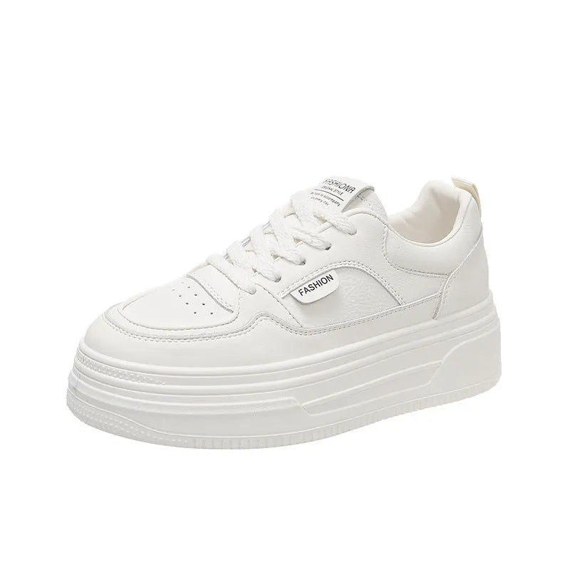 Platform thick sole casual sports skate shoes in black, genuine leather upper, round toe, front lace-up, low top
