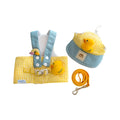 Three-piece cat clothes set showing harness, leash with wire rope, and cute hat for outdoor walks