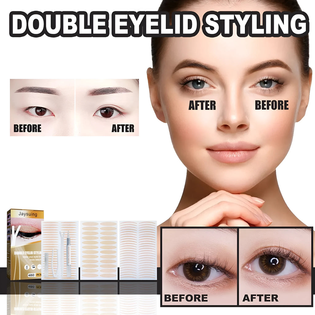 Double eyelid sticker set with 12 sheets and application tools including Y clip and spray bottle