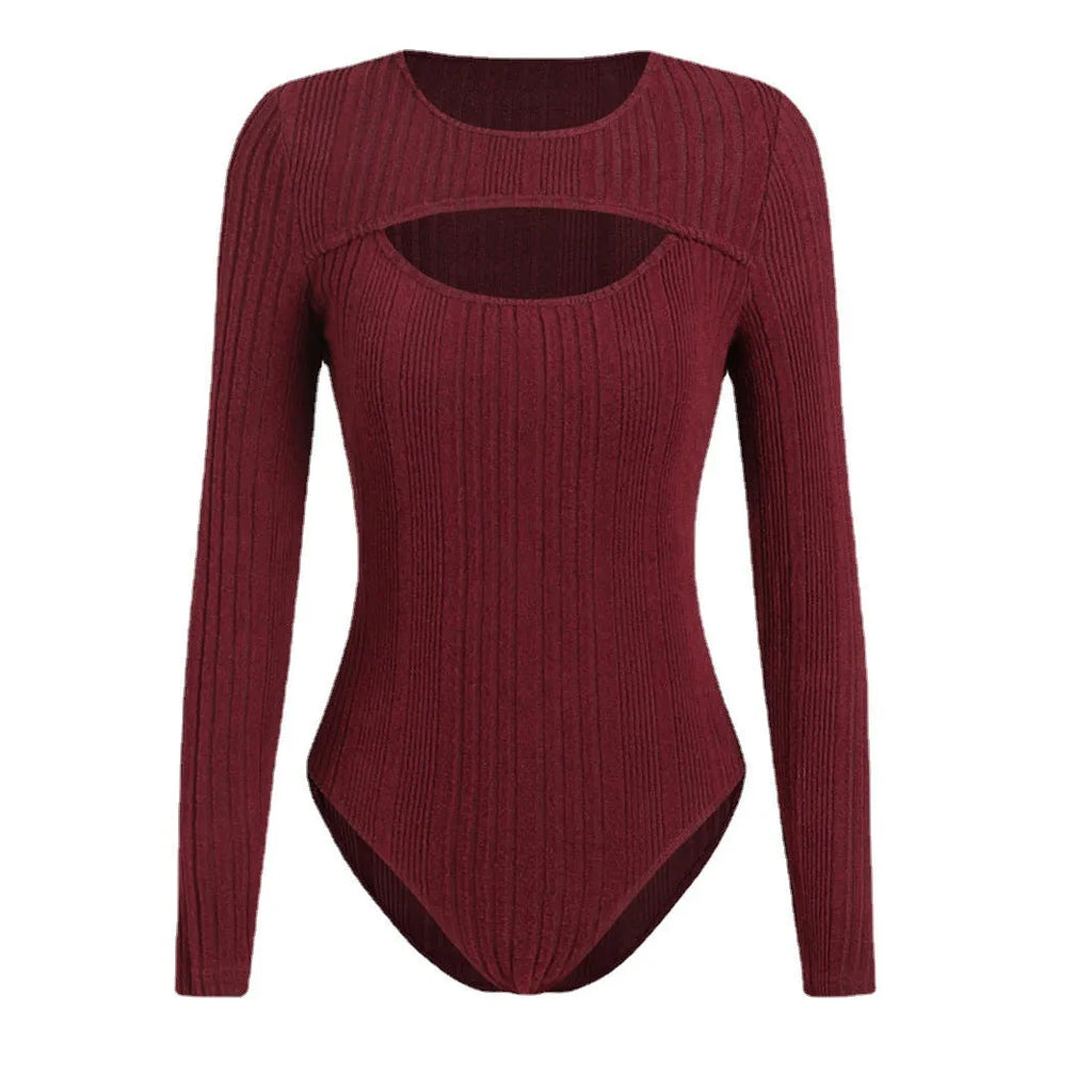 Sunken stripe hollow-out slim-fit one-piece T-shirt top in wine red, high waist, long sleeves