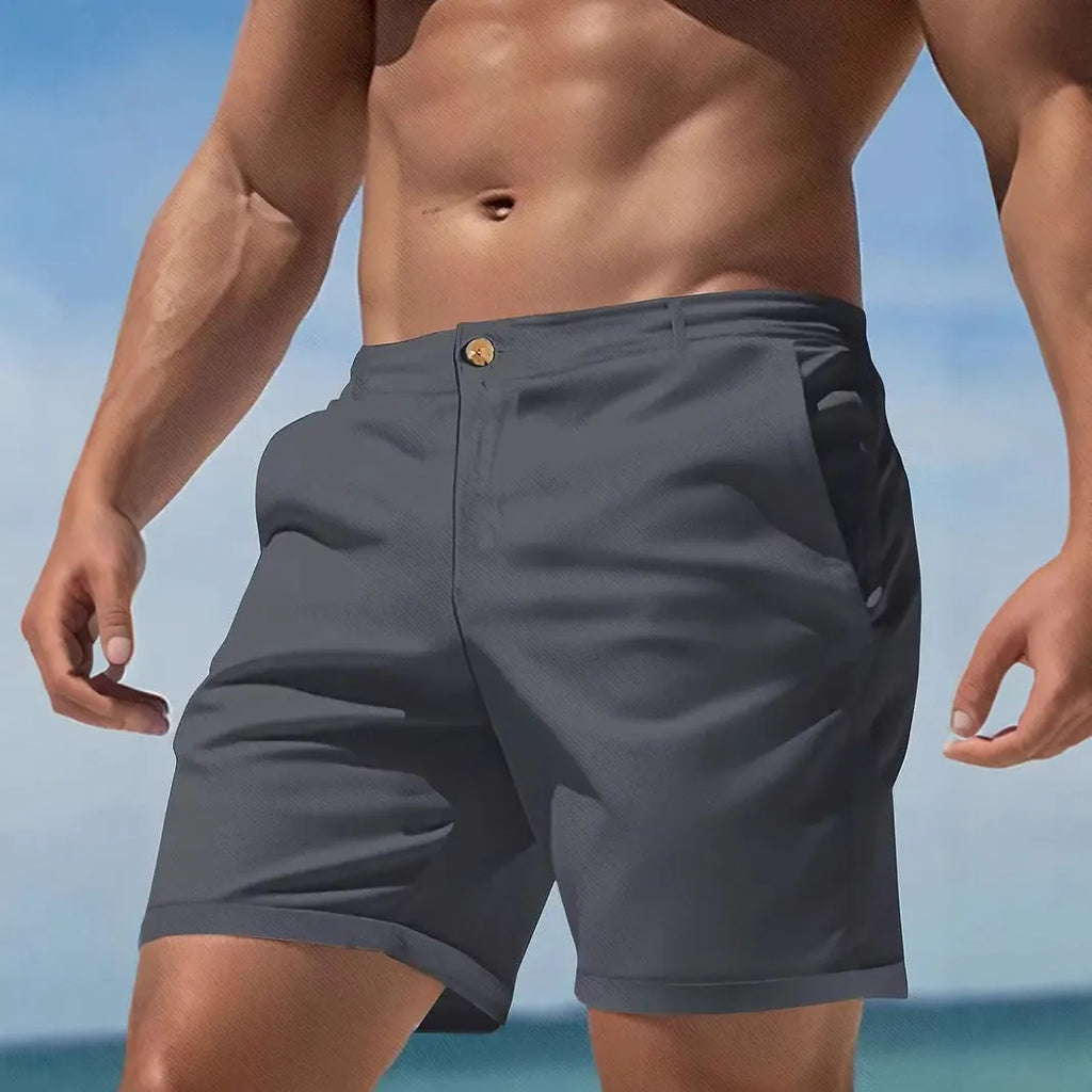 Men's gray cotton blend casual sports shorts with straight leg Korean style and elastic waistband.
