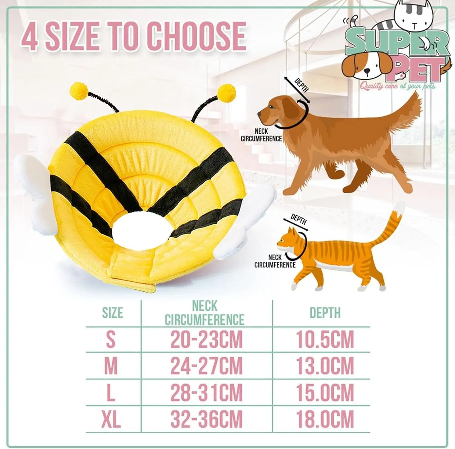 Soft bee design cat cone collar with adjustable velcro closure