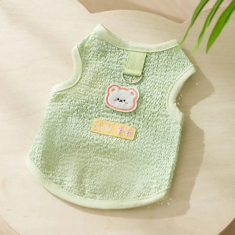 Green hollowed-out cat clothes with cartoon bear patch on knitted fabric
