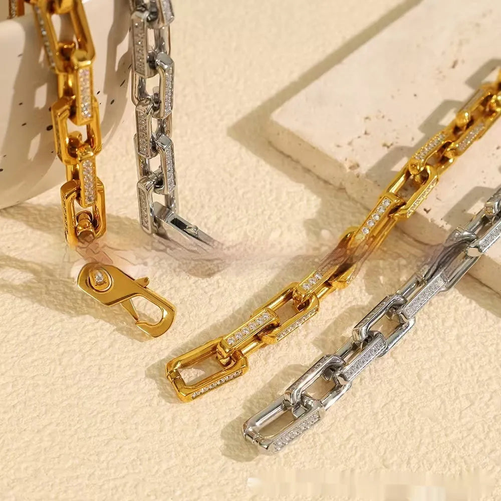 Bamboo titanium steel bracelet with diamonds in gold, irregular square geometric design